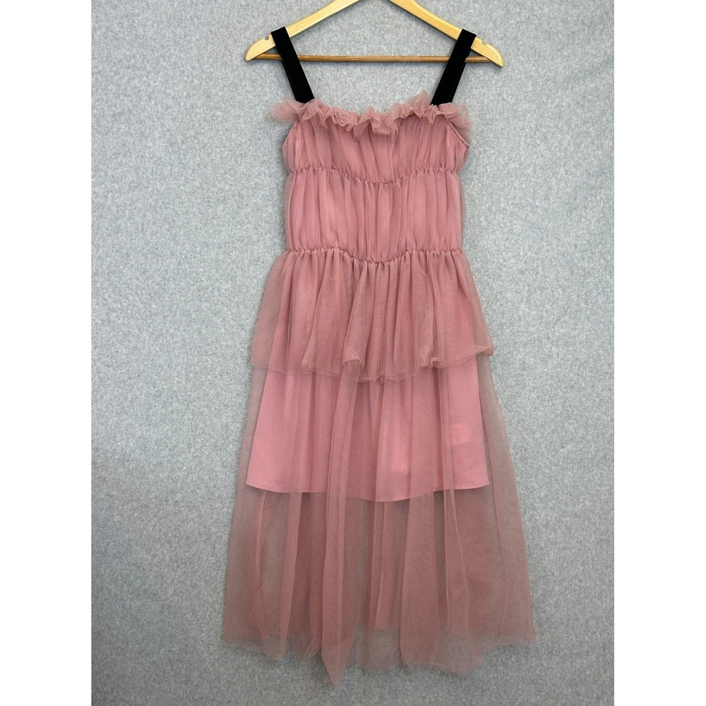Awaylee Tulle Tiered Ruffle Midi Dress Pink Black Velvet Strap Balletcore Size S